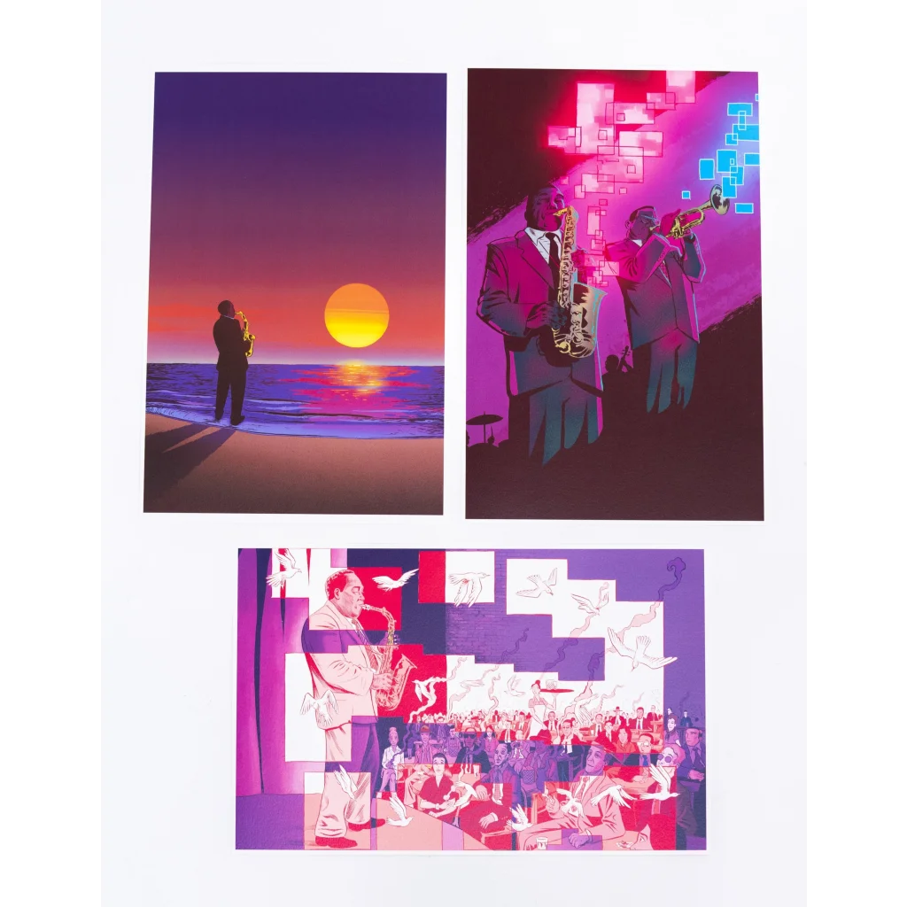 Charlie Parker’s saxophone player silhouette poster set by Dave Chisholm