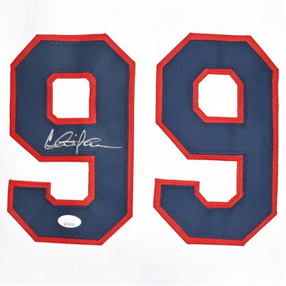 Charlie Sheen autographed Major League movie custom jersey with navy blue and red embroidered number 99 patch and signature