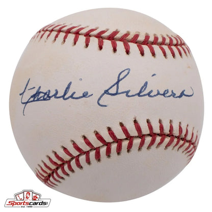 Classic white baseball with Charlie Silvera autograph and Beckett BAS authentication