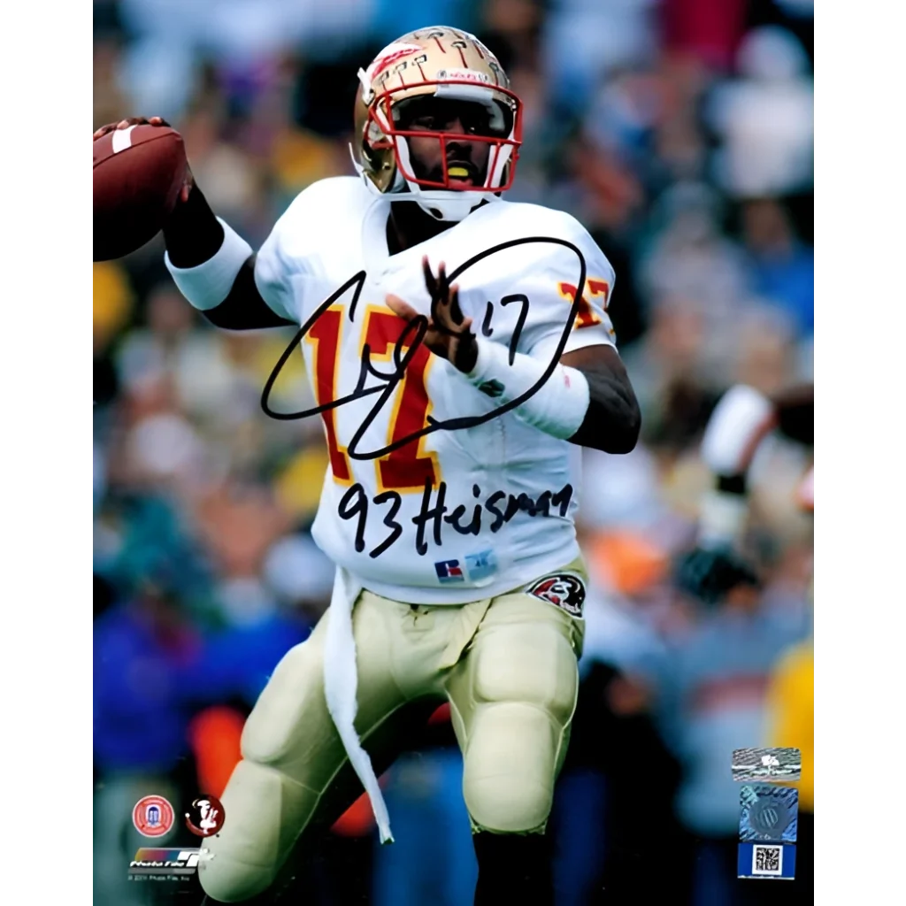 Charlie Ward autographed Seminoles white jersey 8x10 photo with 93 Heisman