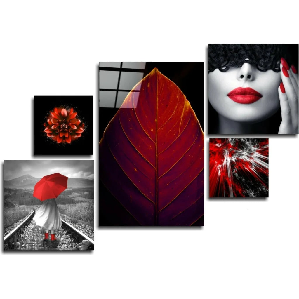 Vibrant red leaf glass wall art with golden veins on glossy canvas
