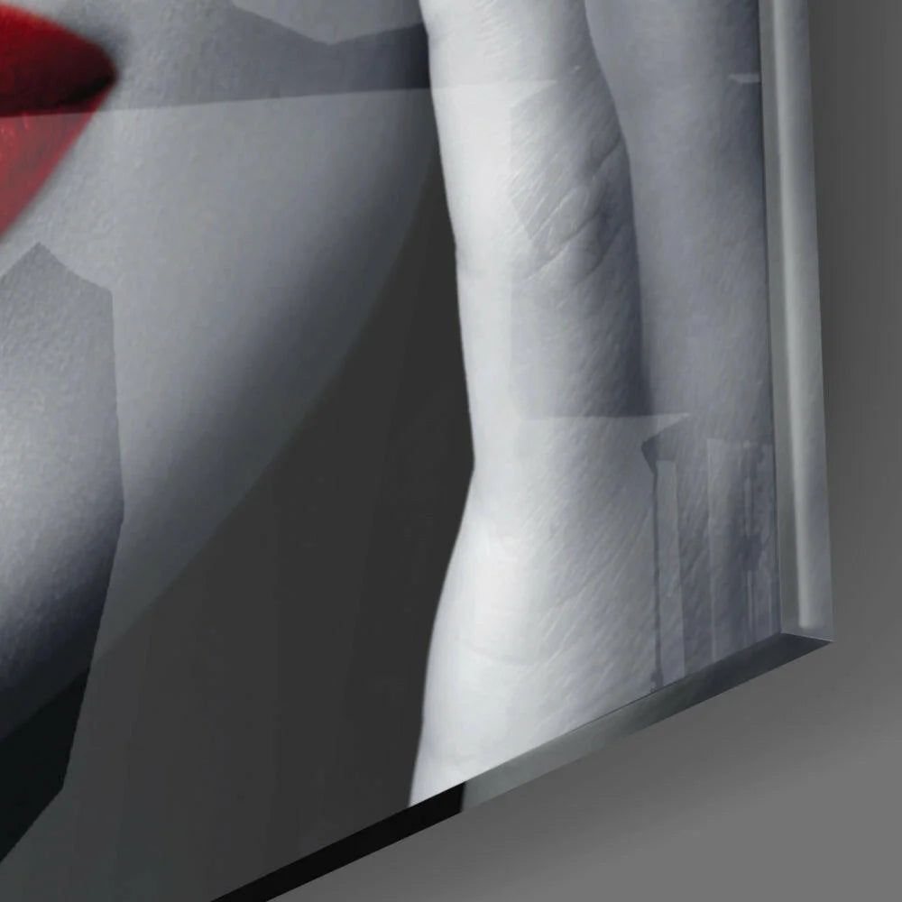 Sleek glass wall art of minimalist abstract portrait with bold red lips