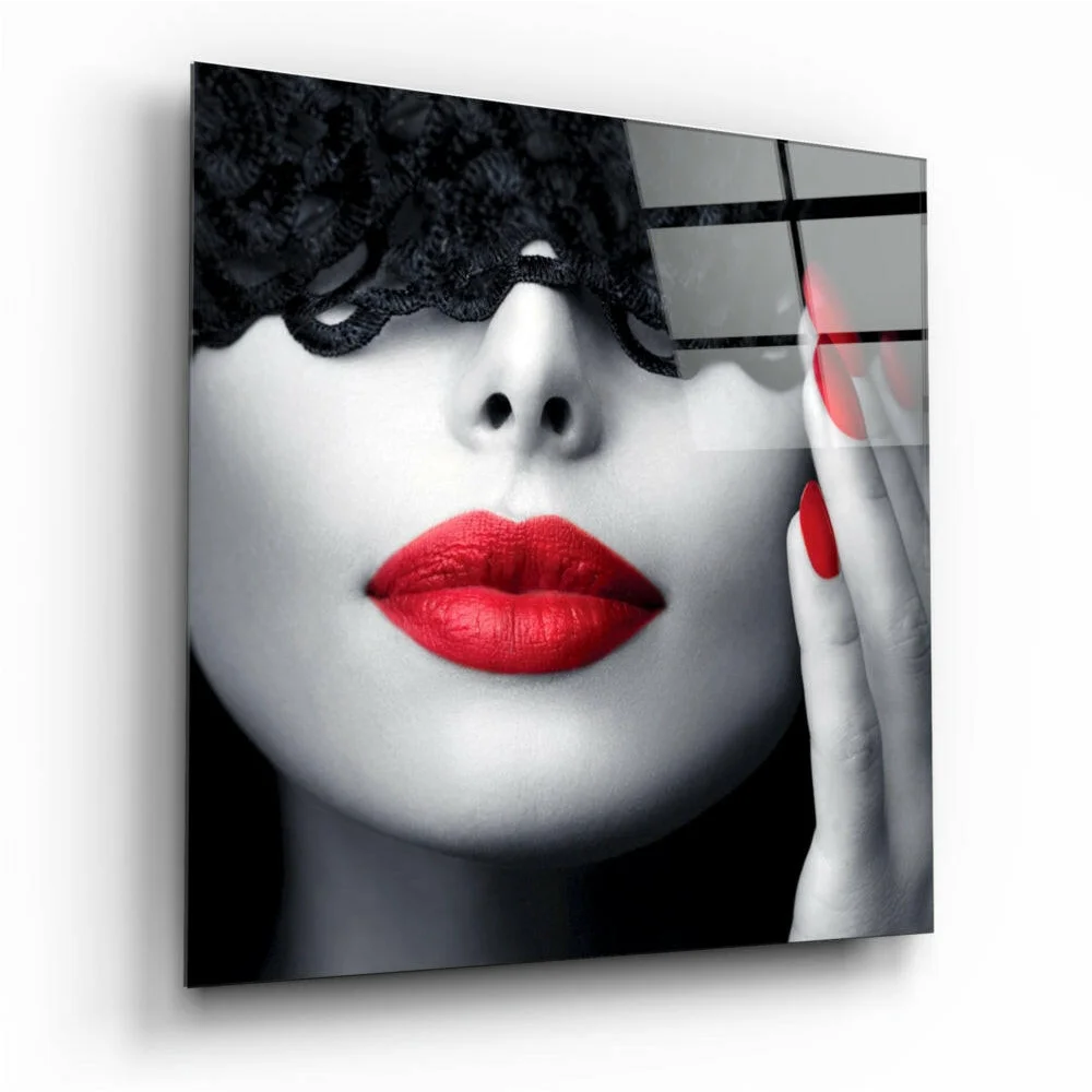 Bold red lips glass wall art with black lace eye mask elegance