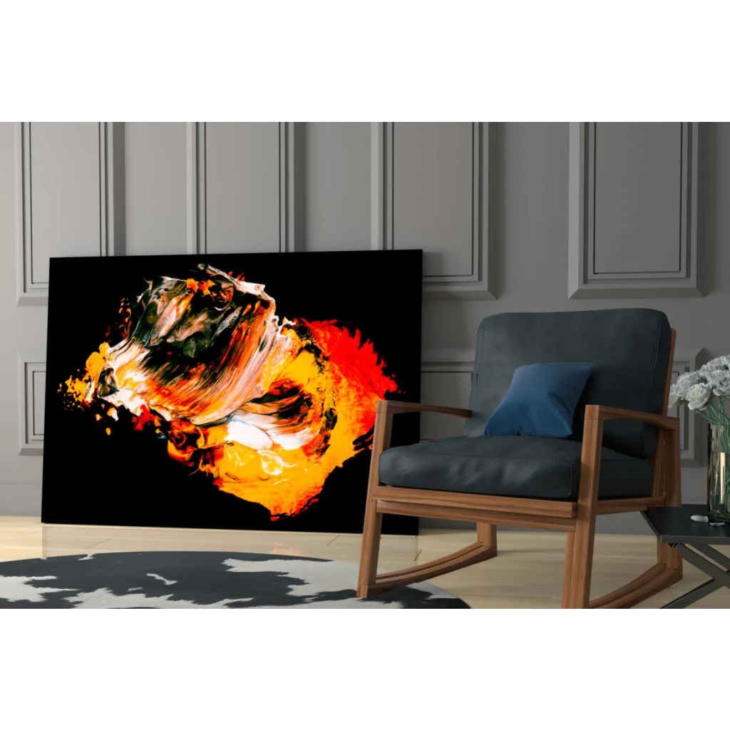 Fiery abstract canvas wall art with bold orange red swirls