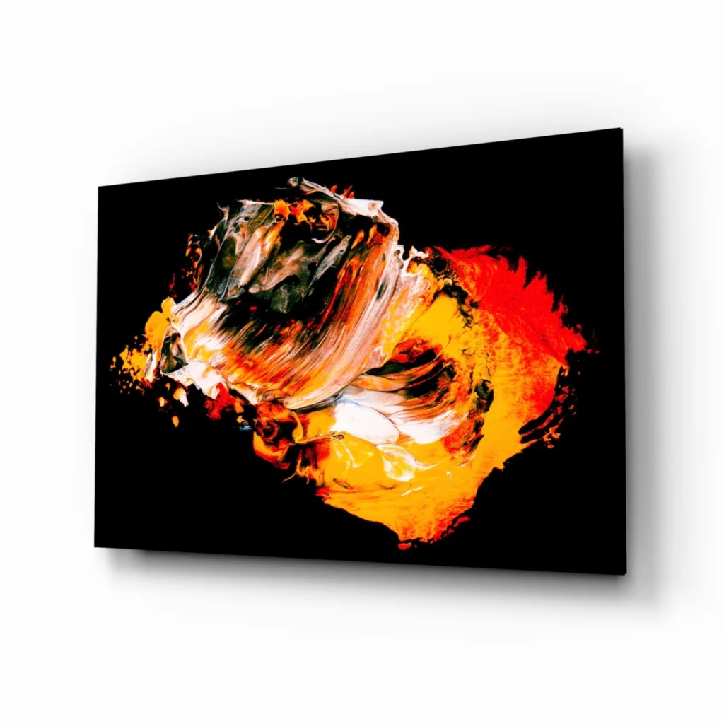 Fiery abstract wall art with bold orange red swirls on black canvas