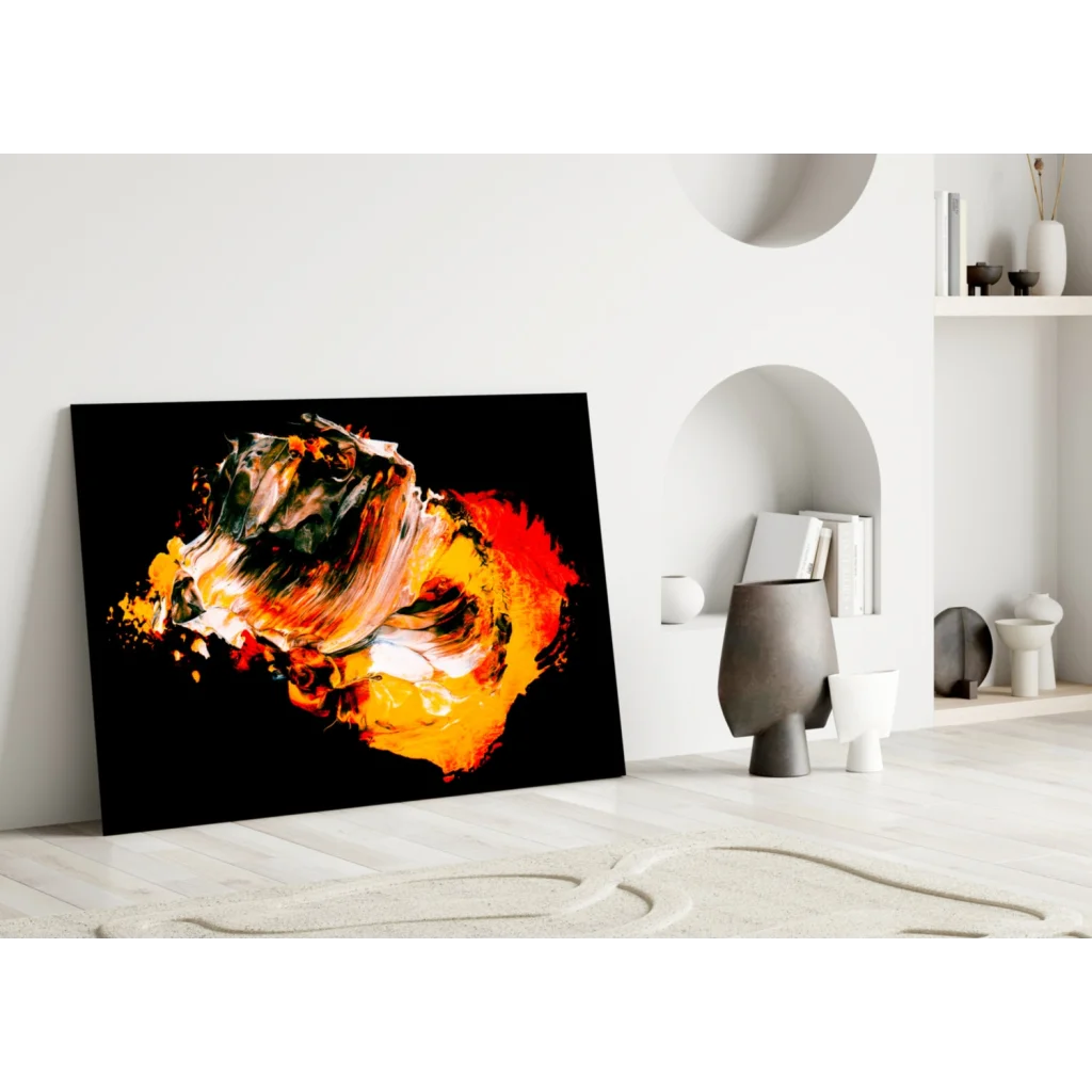 Fiery abstract wall art canvas with bold orange red swirls on black