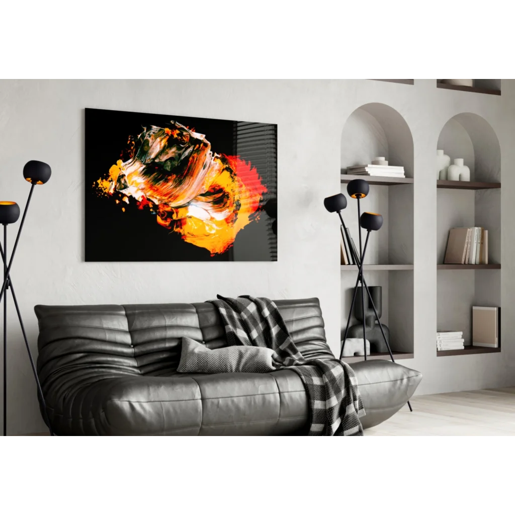 Fiery abstract canvas wall art with bold orange red and green swirls on black background