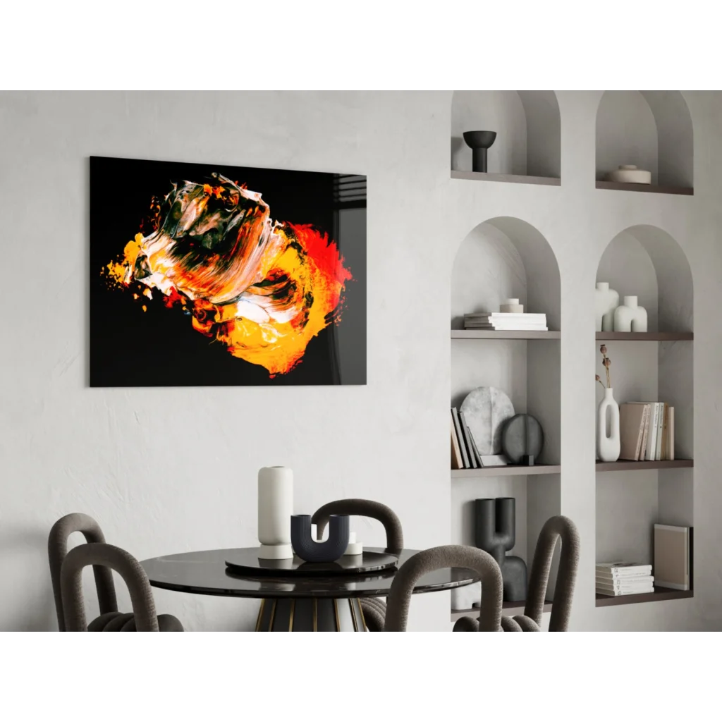 Vibrant fiery abstract wall art with orange yellow green swirls on black canvas