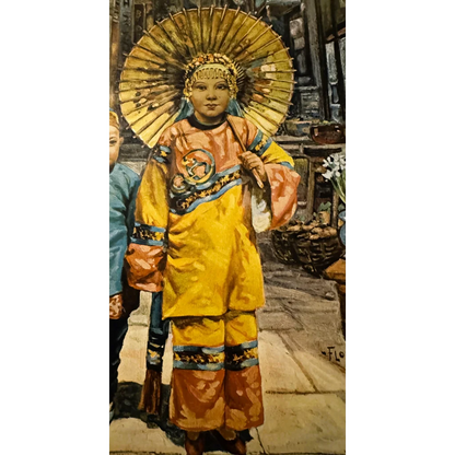 Charming vintage Chinese children print of a person in traditional clothing designed for wall art