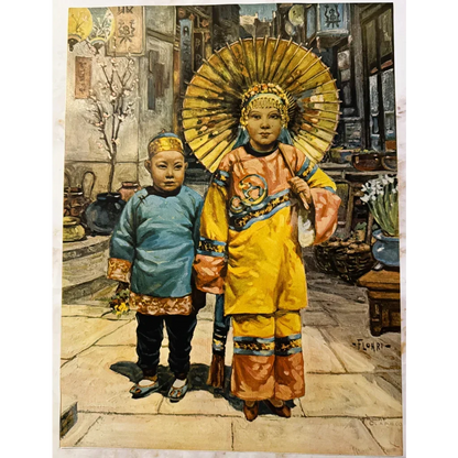 Vintage Chinese children print showing two kids in traditional clothing for 1920s vibe