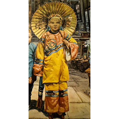 Ornate yellow and orange Chinese children print costume from vintage 1920s kids clothing