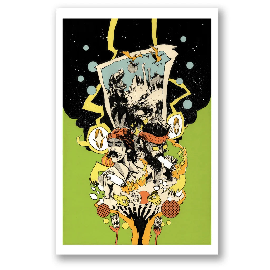 Vibrant psychedelic Cheech Marin Tommy Chong Platinum Edition graphic art with dinosaurs