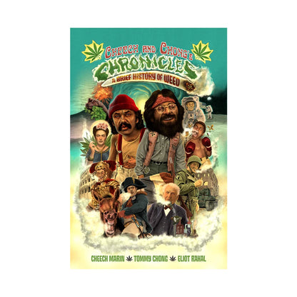Cheech Marin and Tommy Chong marijuana leaf on green background