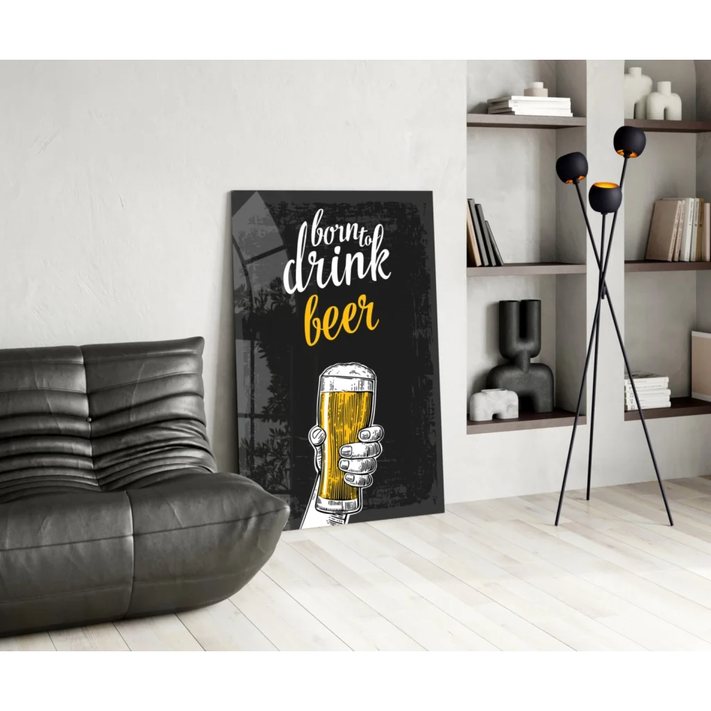 Modern black leather couch with tufted backrest in Cheers beer glass wall art print