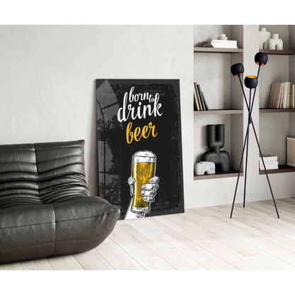 Modern black leather couch with tufted backrest in Cheers beer glass wall art print