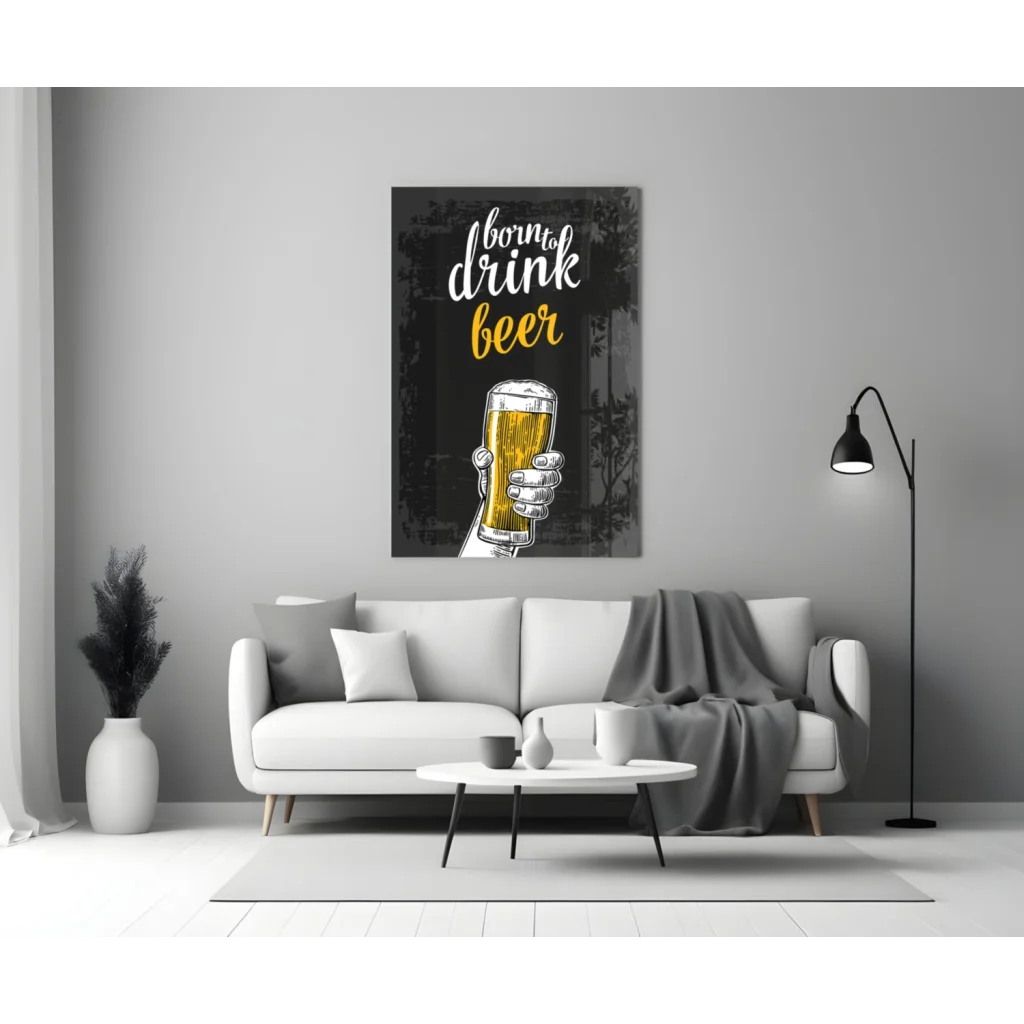 Black and white beer glass wall art with hand holding mug