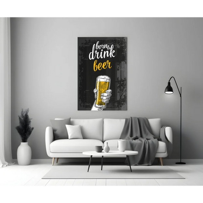 Black and white beer glass wall art with hand holding mug