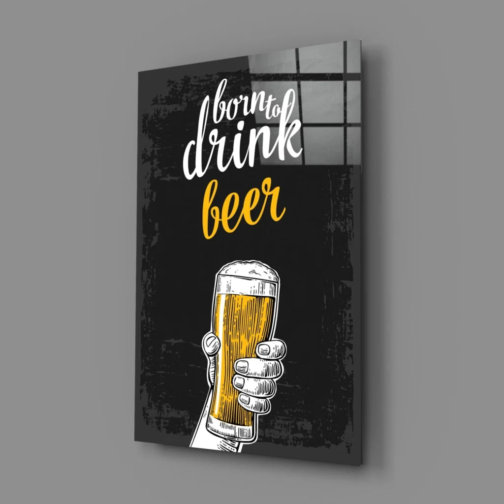 Hand holding frothy beer mug in black and white glass wall art print