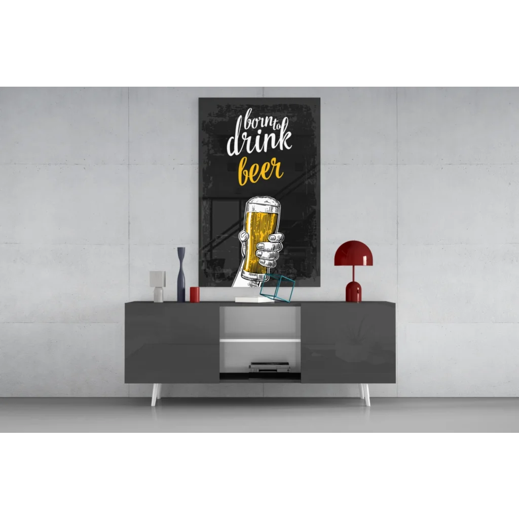 Modern gray sideboard with sleek white legs in Cheers beer glass wall art print