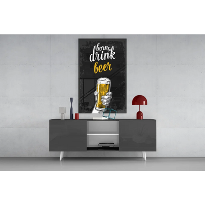 Modern gray sideboard with sleek white legs in Cheers beer glass wall art print