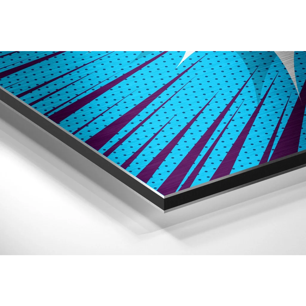 Vibrant pop art on brushed aluminium dibond canvas with blue purple radial lines