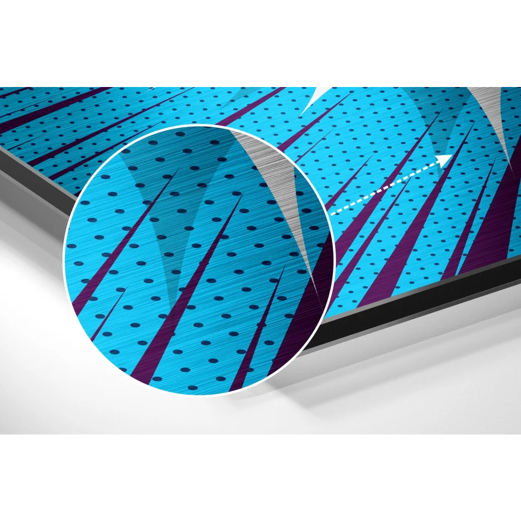 glass wall art Vibrant blue purple pop art on brushed aluminium dibond canvas