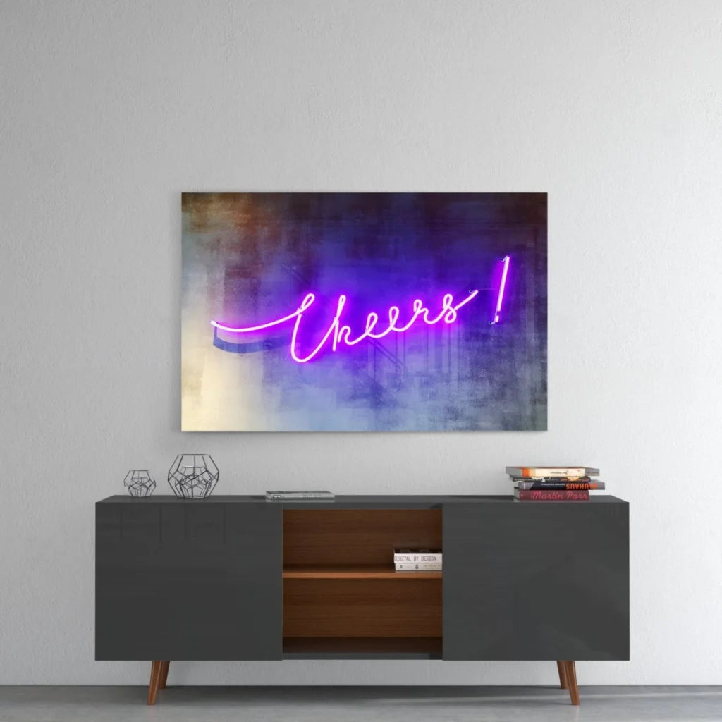 Vibrant Cheers neon pink cursive glass wall art sign on purple-blue-yellow gradient