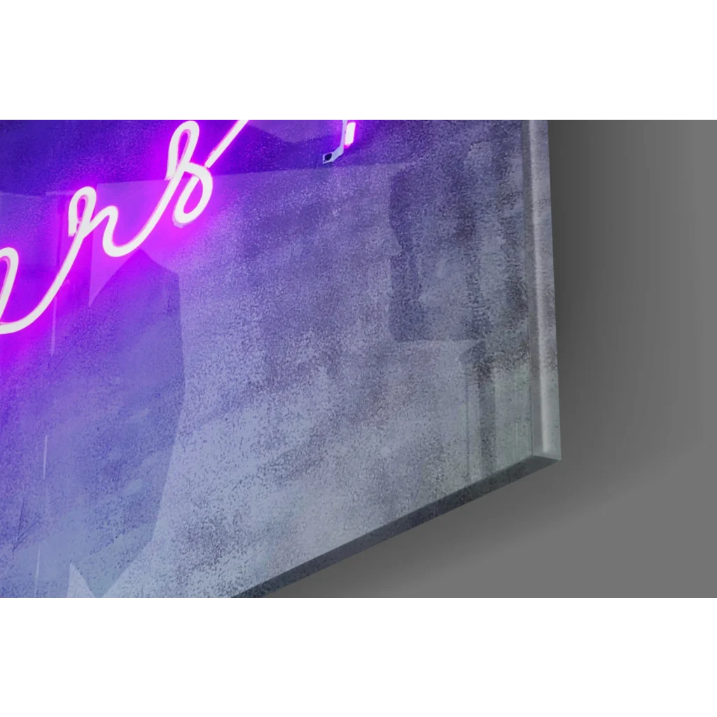 Purple neon cursive sign on grayish-blue wall, Cheers glass wall art