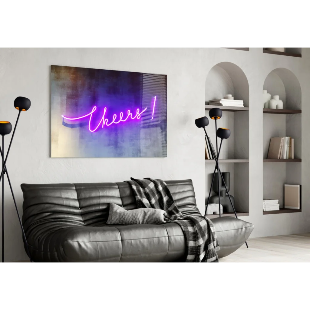 Vibrant neon pink Cheers glass wall art sign on purple blue gradient