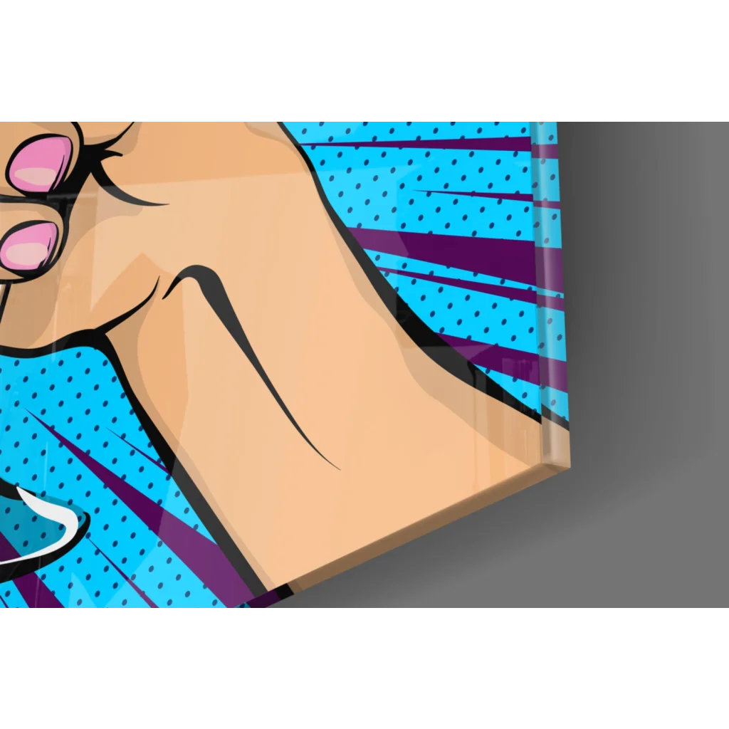 Vibrant pop art glass wall art canvas print with stylized hand and pink nails on bold blue purple background