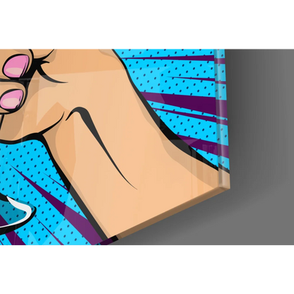 Vibrant pop art glass wall art canvas print with stylized hand and pink nails on bold blue purple background