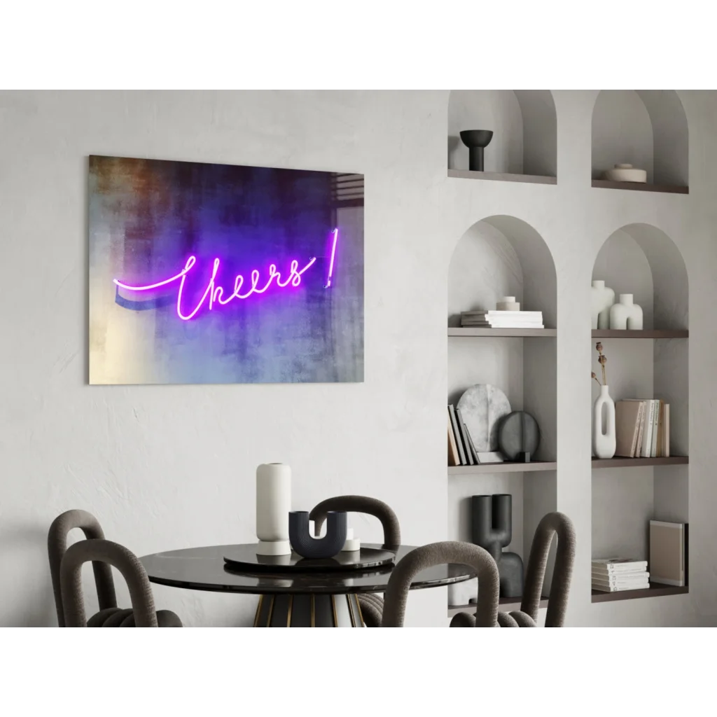 Vibrant Cheers neon sign in pink purple glass wall art
