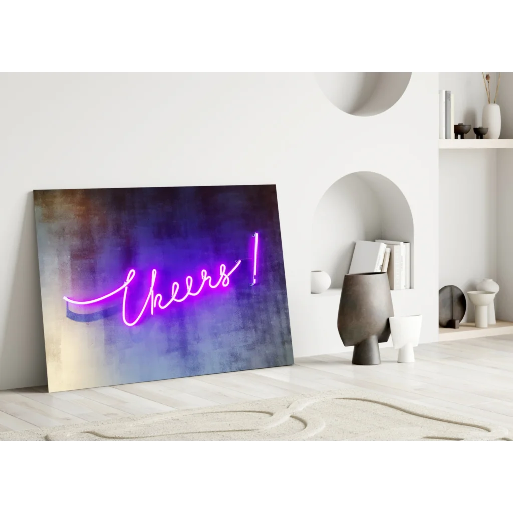 Vibrant Cheers neon pink cursive glass wall art sign on purple blue gradient
