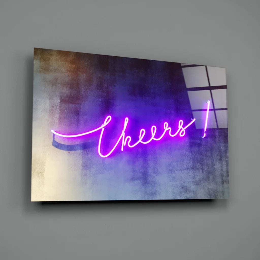 Vibrant purple neon Cheers cursive sign on glass wall art canvas