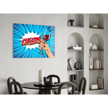 Vibrant pop art glass wall art canvas with hand holding wine glass and cheers