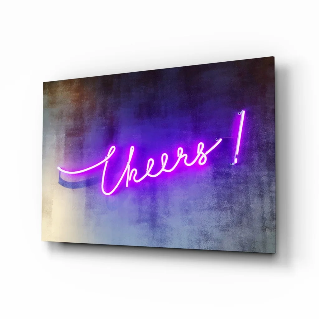 Purple neon cheers cursive sign on glass wall art