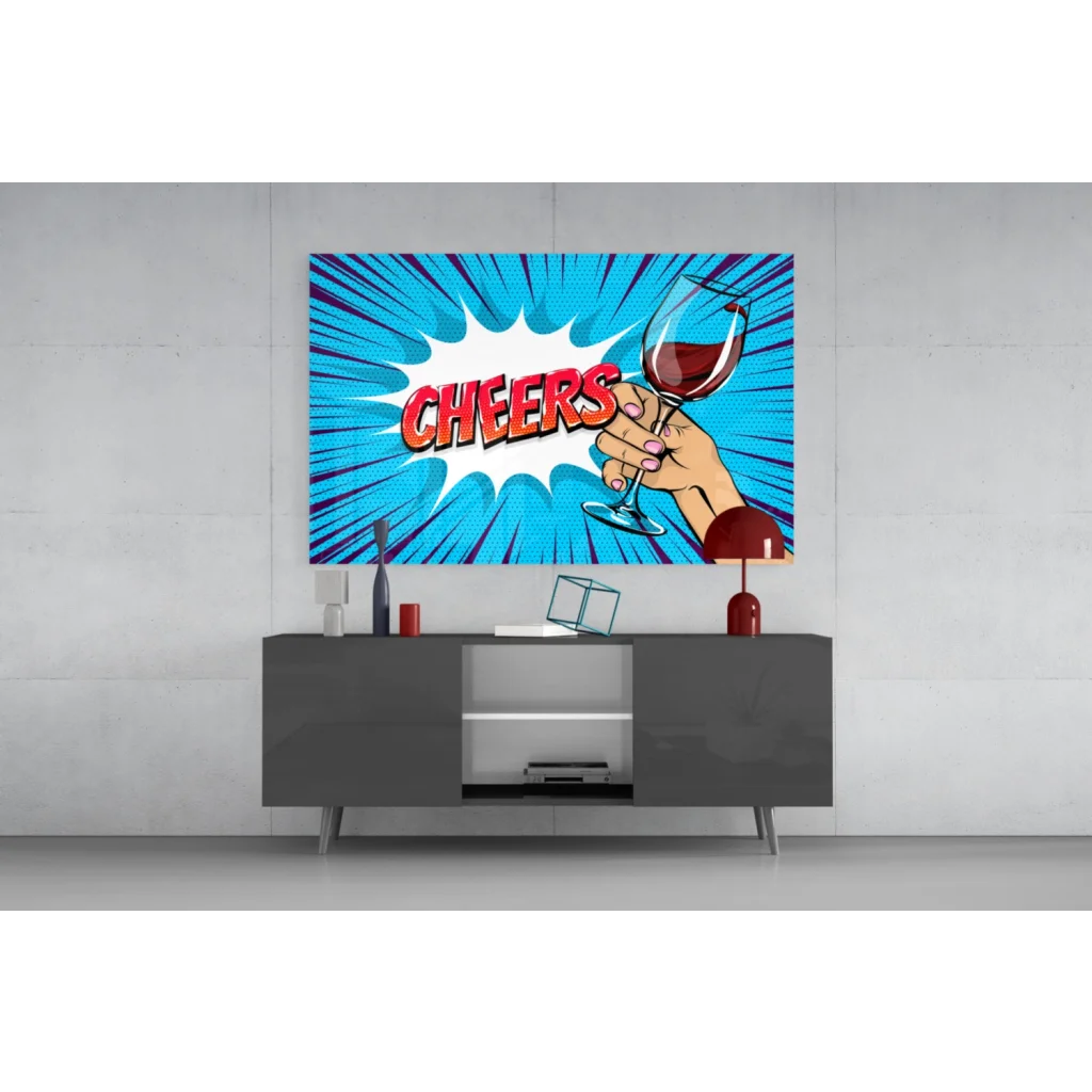 Vibrant blue pop art canvas of hand holding wine glass with bold red Cheers, glass wall art print