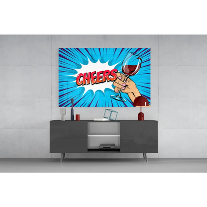 Vibrant blue pop art canvas of hand holding wine glass with bold red Cheers, glass wall art print