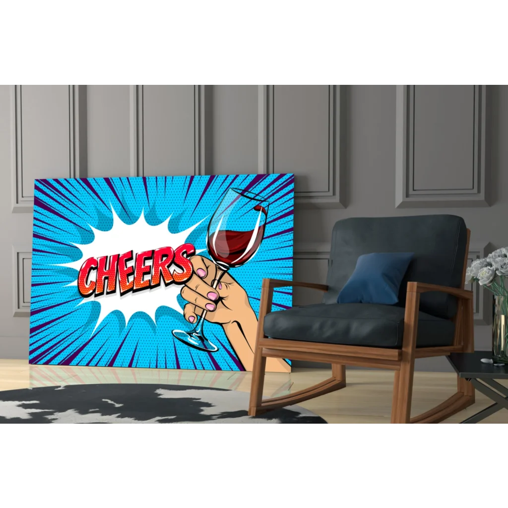 Vibrant blue pop art cheers glass wall art canvas print