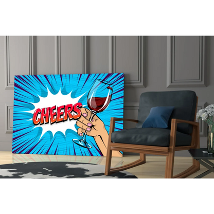 Vibrant blue pop art cheers glass wall art canvas print