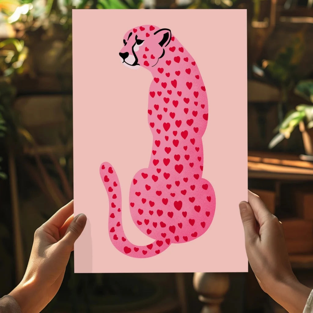 Pink cheetah insigne aluminum print with red heart patterns