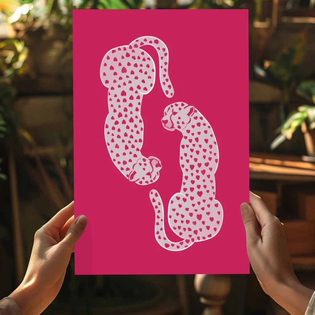 Vibrant pink insigne aluminum print with stylized white cheetahs and hearts