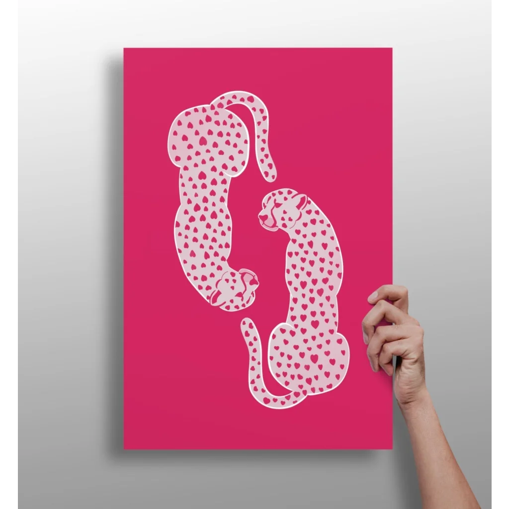 Vibrant pink insigne aluminum print of two white cheetahs with hearts
