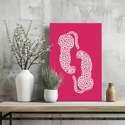 Vibrant pink insigne aluminum print with white cheetah heart silhouettes
