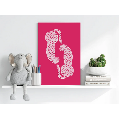 Vibrant pink Insigne aluminum print with white leopard heart silhouettes