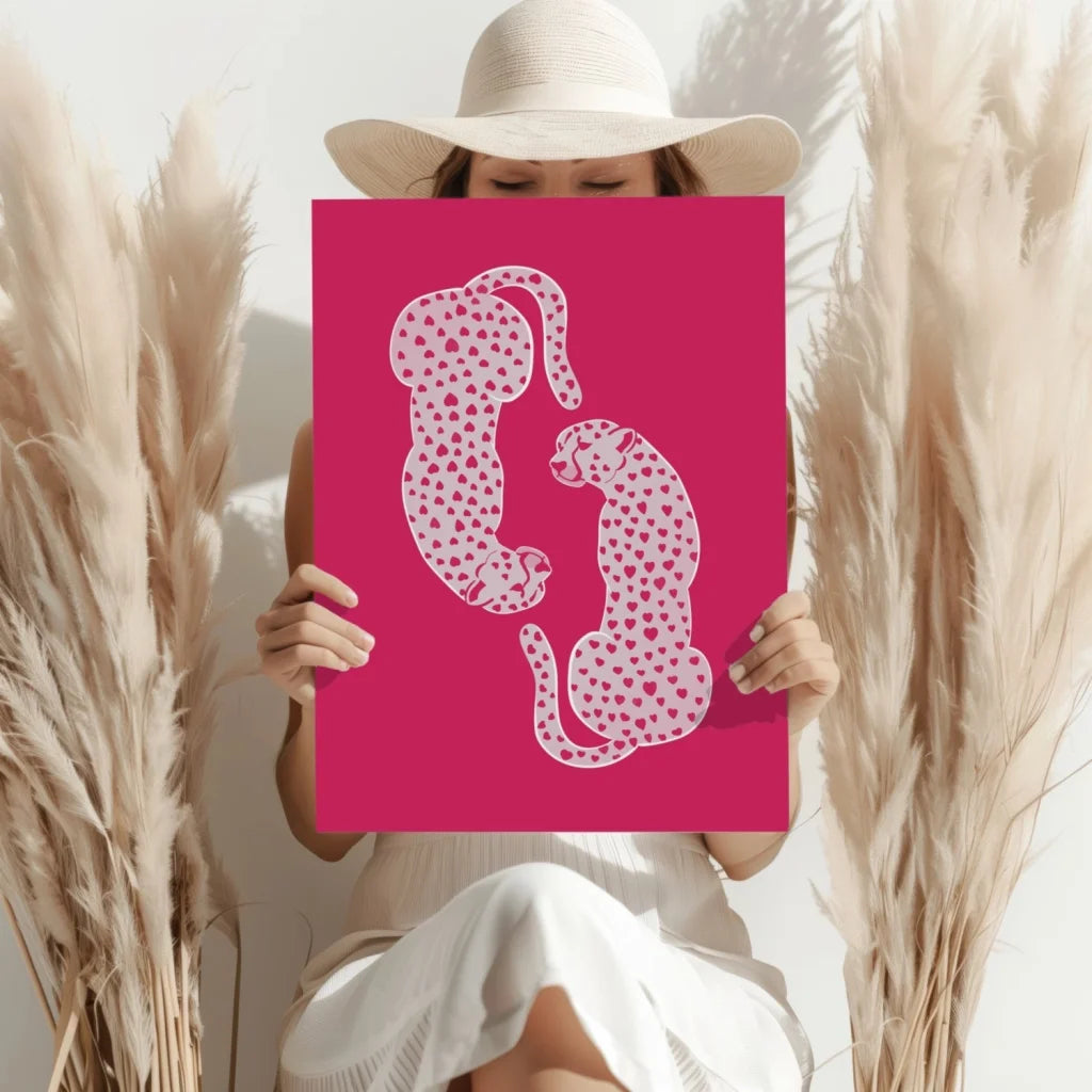 Vibrant pink insigne aluminum print of two white cheetahs with heart spots