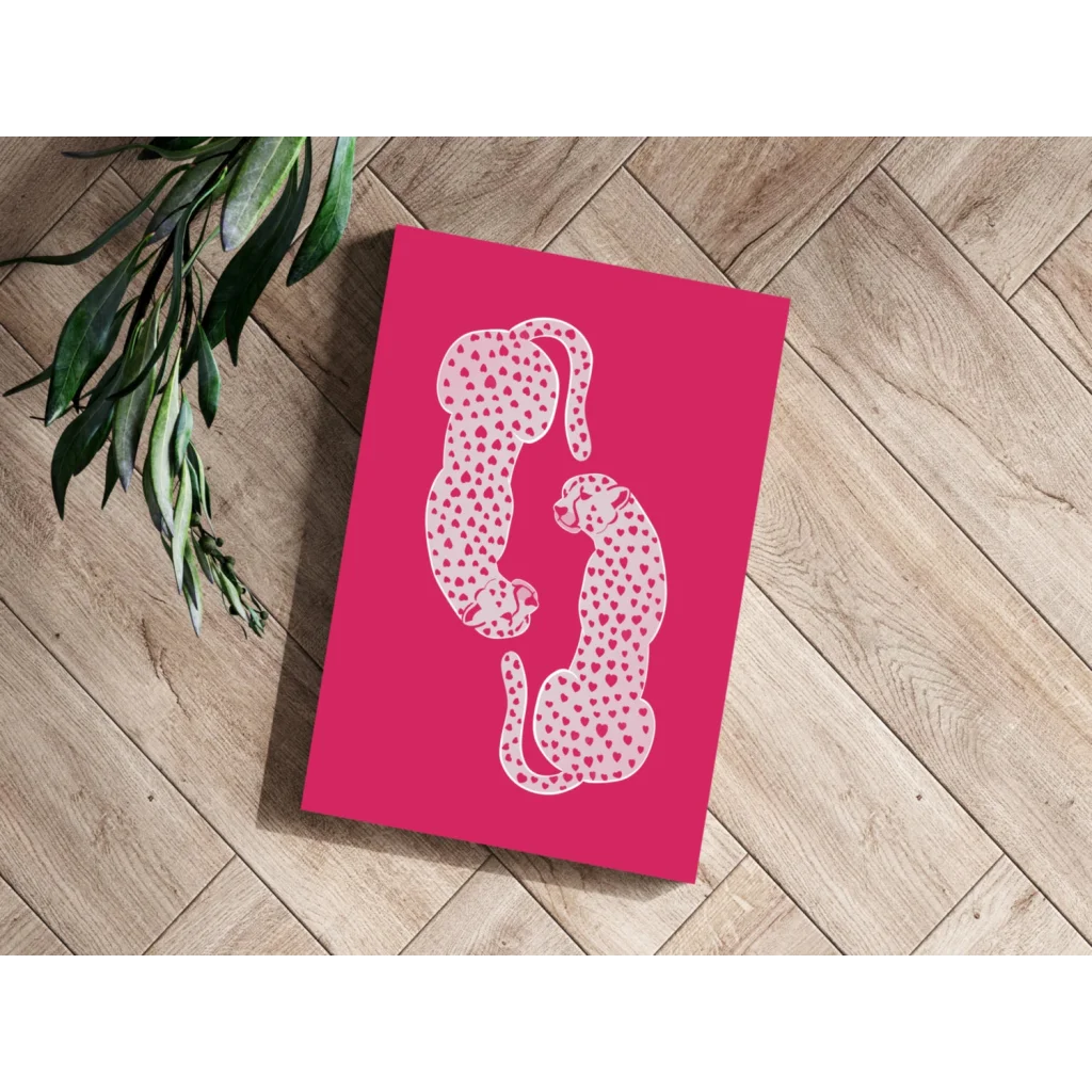 Vibrant pink insigne aluminum print with stylized white dotted leopard