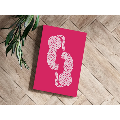 Vibrant pink insigne aluminum print with stylized white dotted leopard