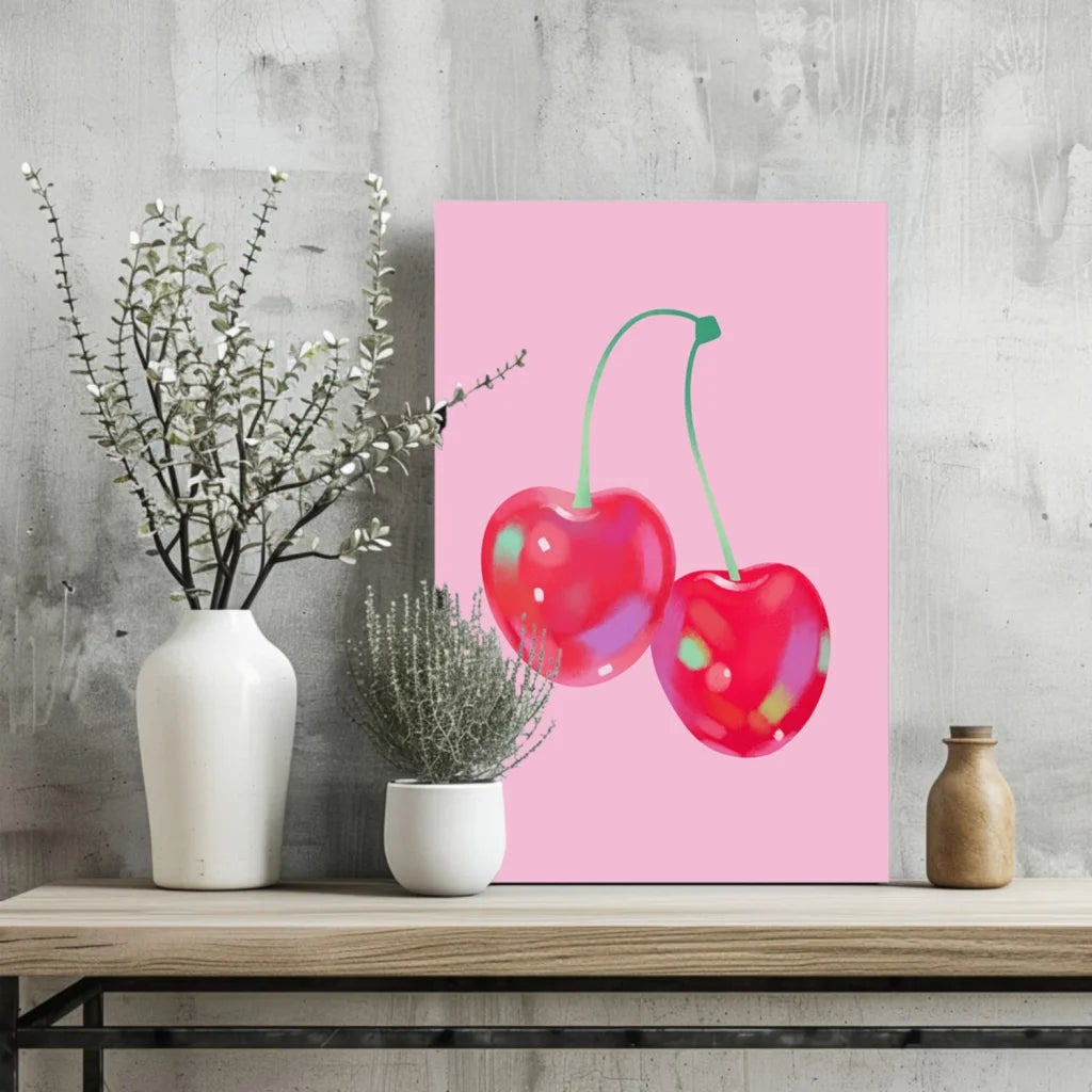 Vibrant pink insigne aluminum print of glossy red cherries with stems