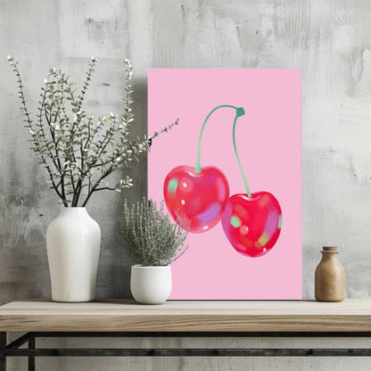 Vibrant pink insigne aluminum print of glossy red cherries with stems